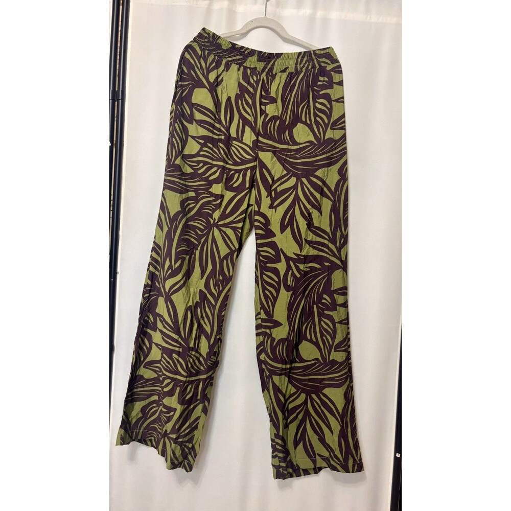 Green Root Leaves Palazzo Pants Wide Leg Pockets Palms Jungle Women’s Lounge XL